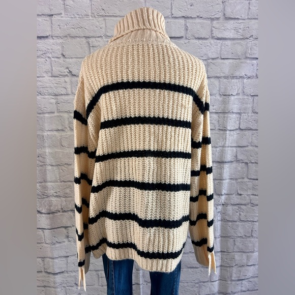 Handmade Turtleneck Pullover Sweater Cream Black Striped Oversized Cozy Casual - Picture 8 of 12